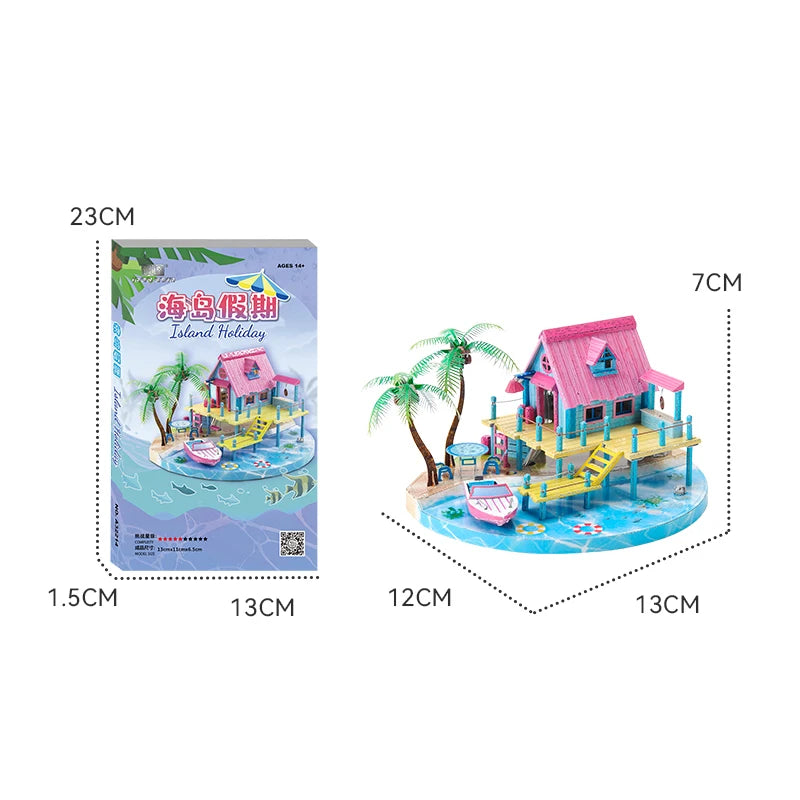 modelos de maquetas: una cafetería, una cabaña y una casa en la playa