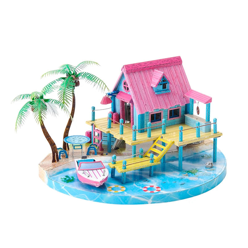 modelos de maquetas: una cafetería, una cabaña y una casa en la playa