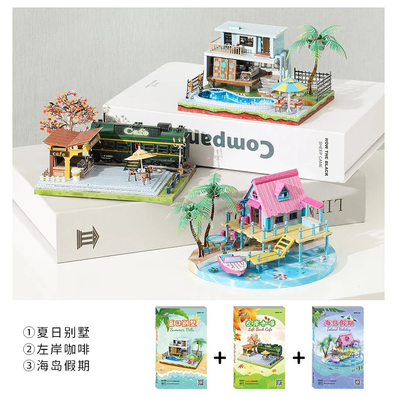 modelos de maquetas: una cafetería, una cabaña y una casa en la playa